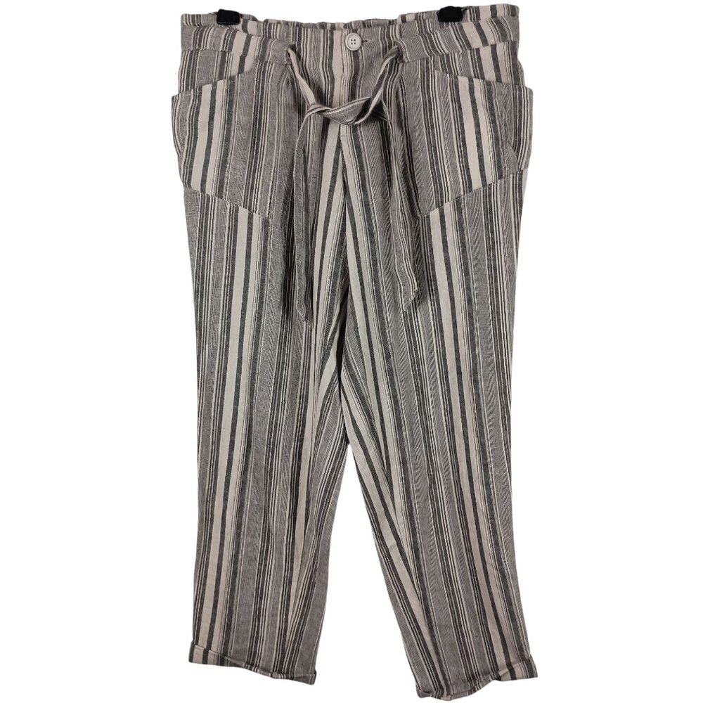Striped Cropped Pants Womens 7 Linen Blend Boho Tie Waist Coastal Loungewear